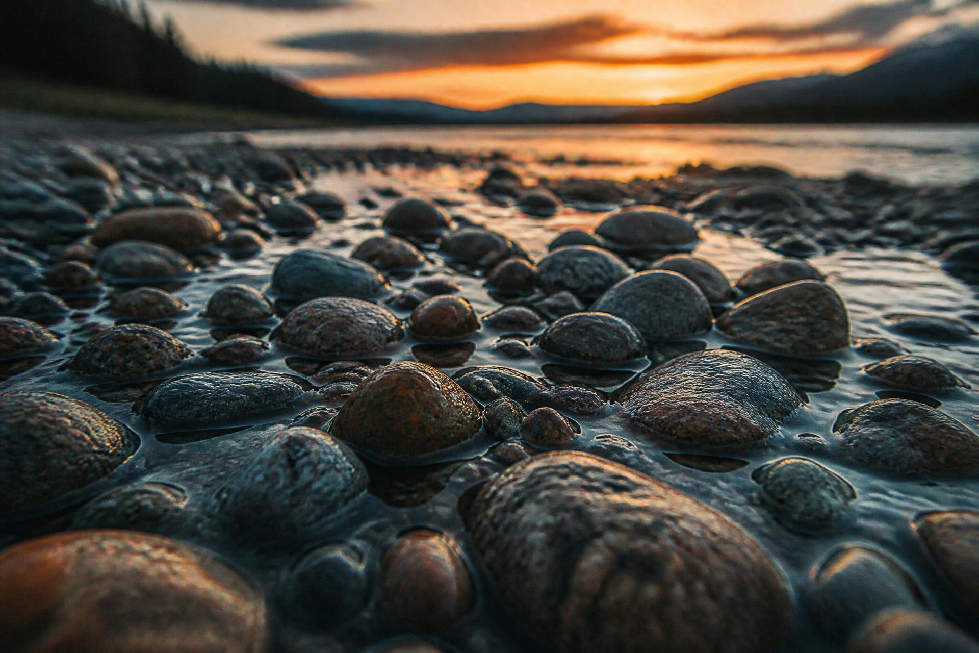 Wet river stones on a gravel bar at dusk