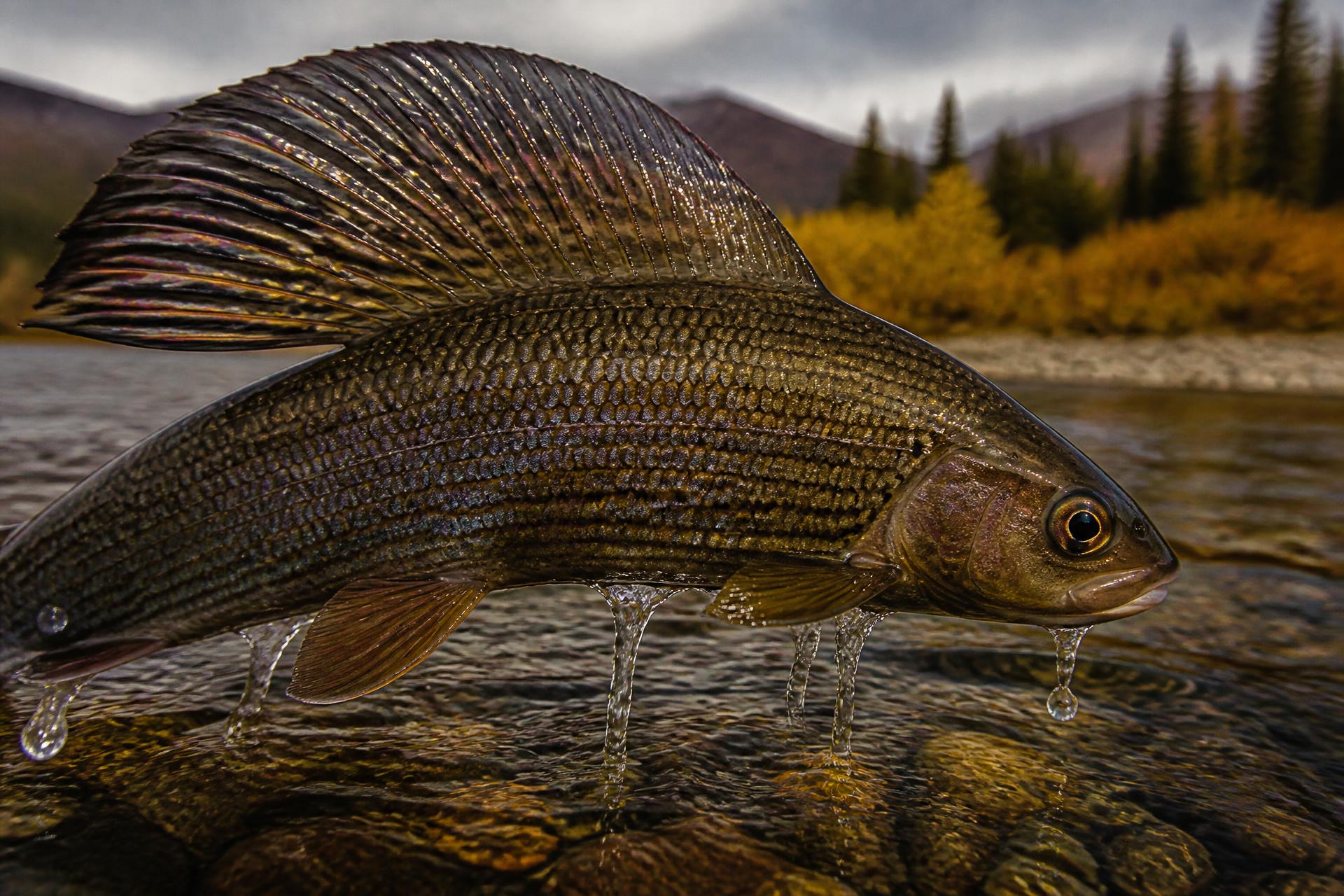 Arctic grayling lifted from a clear tributary
