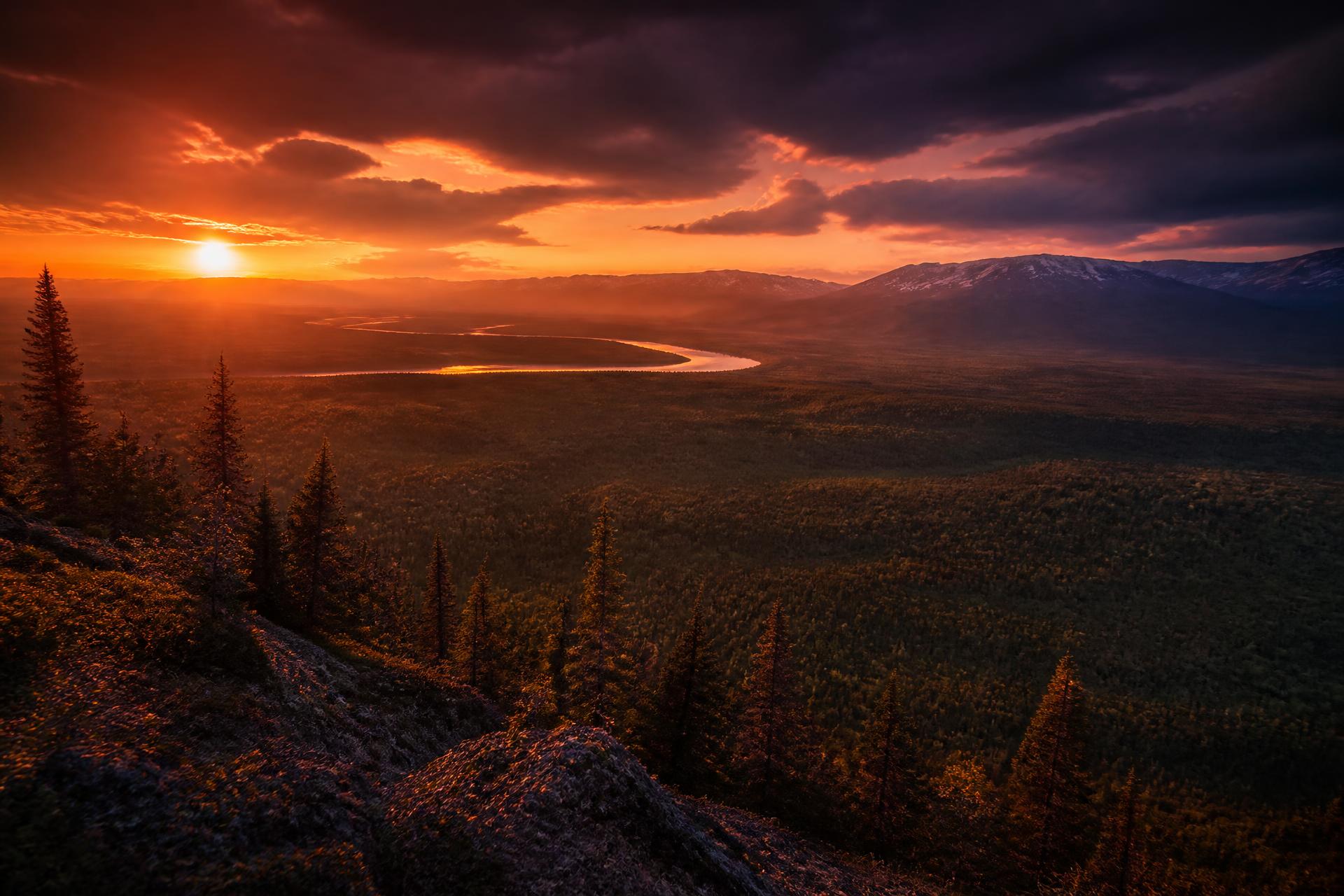 Yukon River valley from a high ridge at sunset