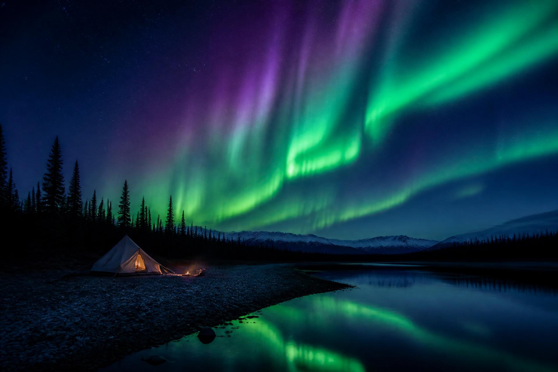 Aurora borealis over a canvas tent on the Yukon